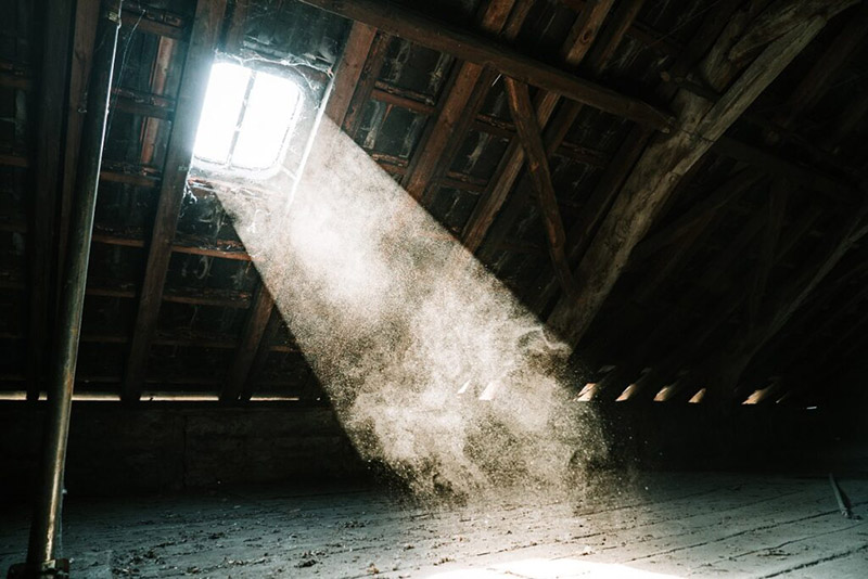 light shining through window with attic mold