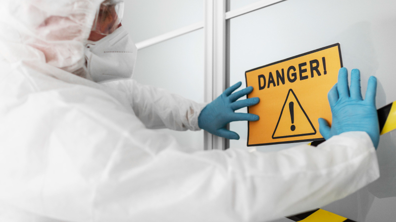 photo of a person in a biohazard suit posting a danger sign in the midst of sewage cleanup services